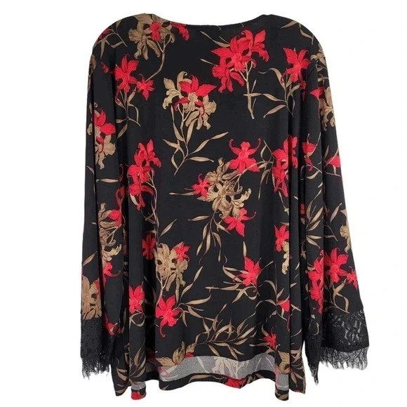 Catherines Tunic Top Womens Plus 2XWP Black Red LS Sleeve Floral Pullover New - Picture 3 of 14